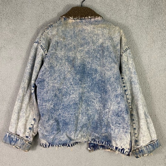 Vintage TRIM Sherpa Lined Acid Wash Denim Bomber Jacket Men’s L Aviator Patch - Picture 6 of 16